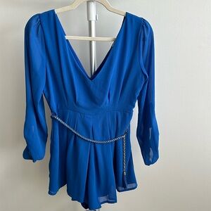 Blue Long Sleeve Romper jumpsuit with Adjustable Belt